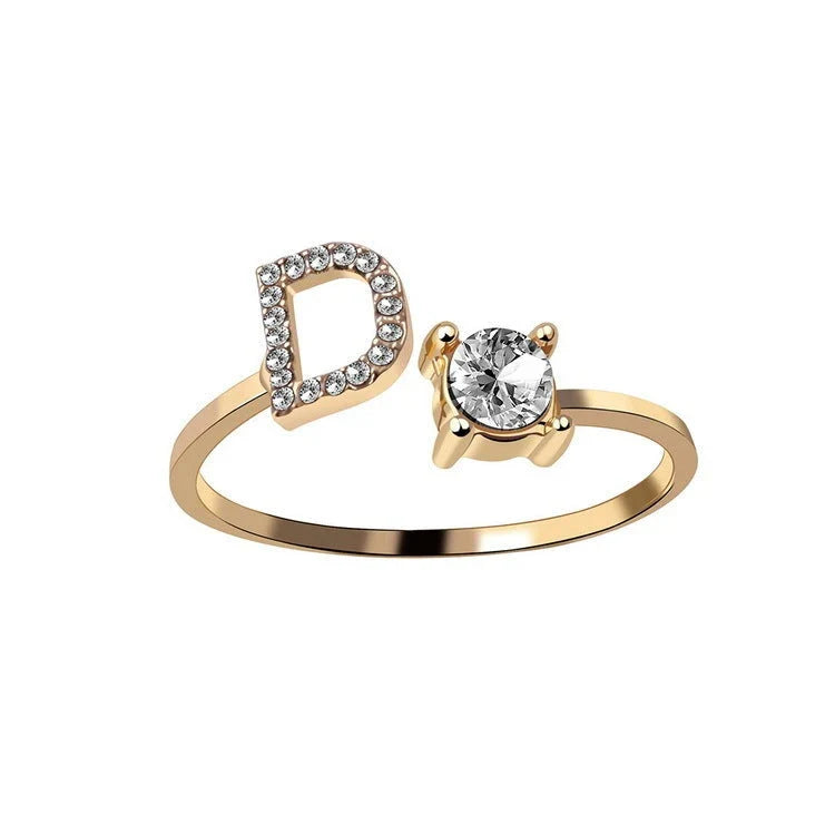 Personalized Initial Letter Crystal Ring with Adjustable Design in Gold, Silver, and Rose Gold Colors