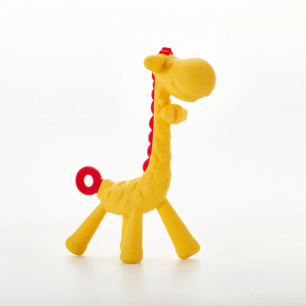 Adorable giraffe-shaped baby teether toy with multiple chewable parts for soothing sore gums