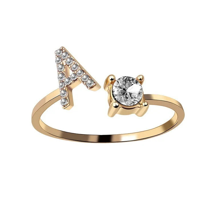 Personalized Initial Letter Crystal Ring with Adjustable Design in Gold, Silver, and Rose Gold Colors