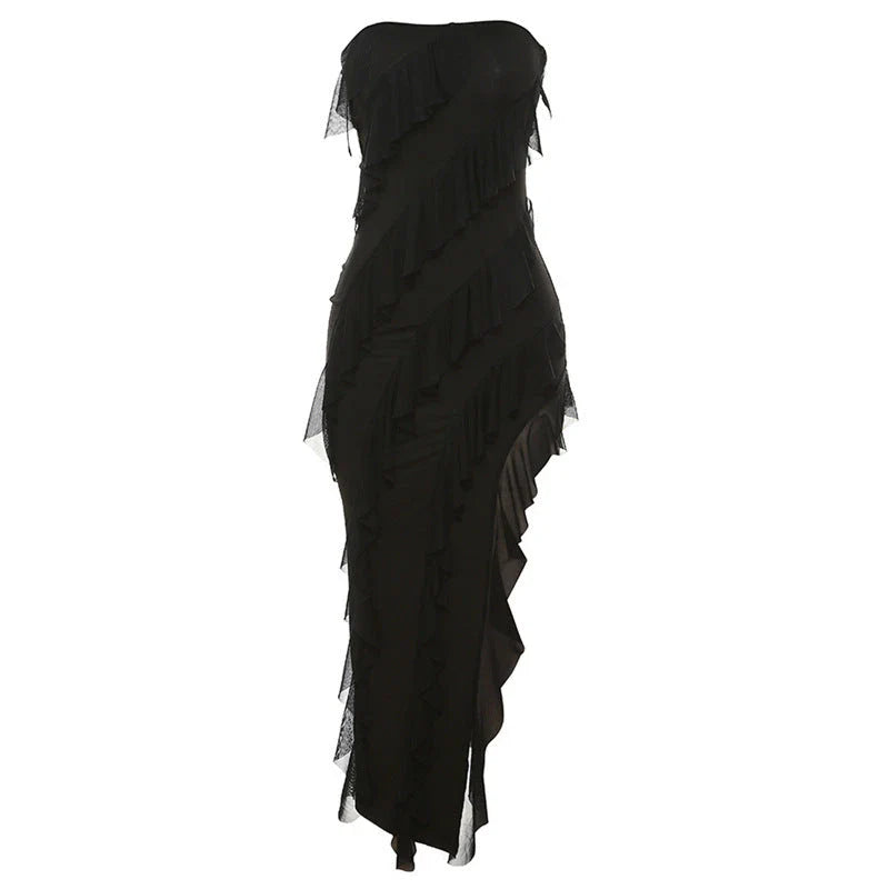 Stylish backless tube top dress with tassel accents in various colors, including black, wine red, red, and brown.