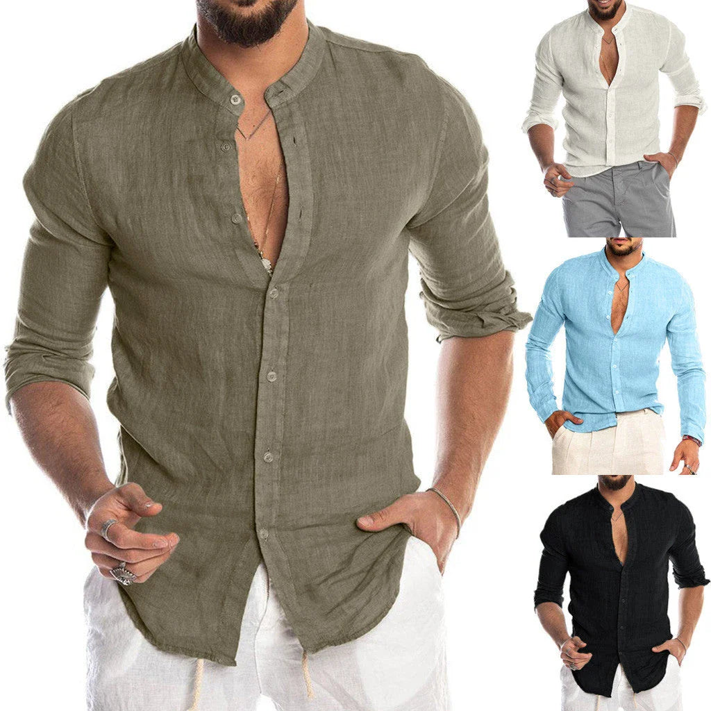 Stylish men's linen button-down shirt in a variety of classic colors