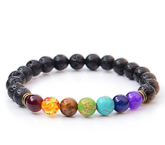 Handcrafted beaded bracelet with seven chakra-representing beads, designed to promote balance and well-being.