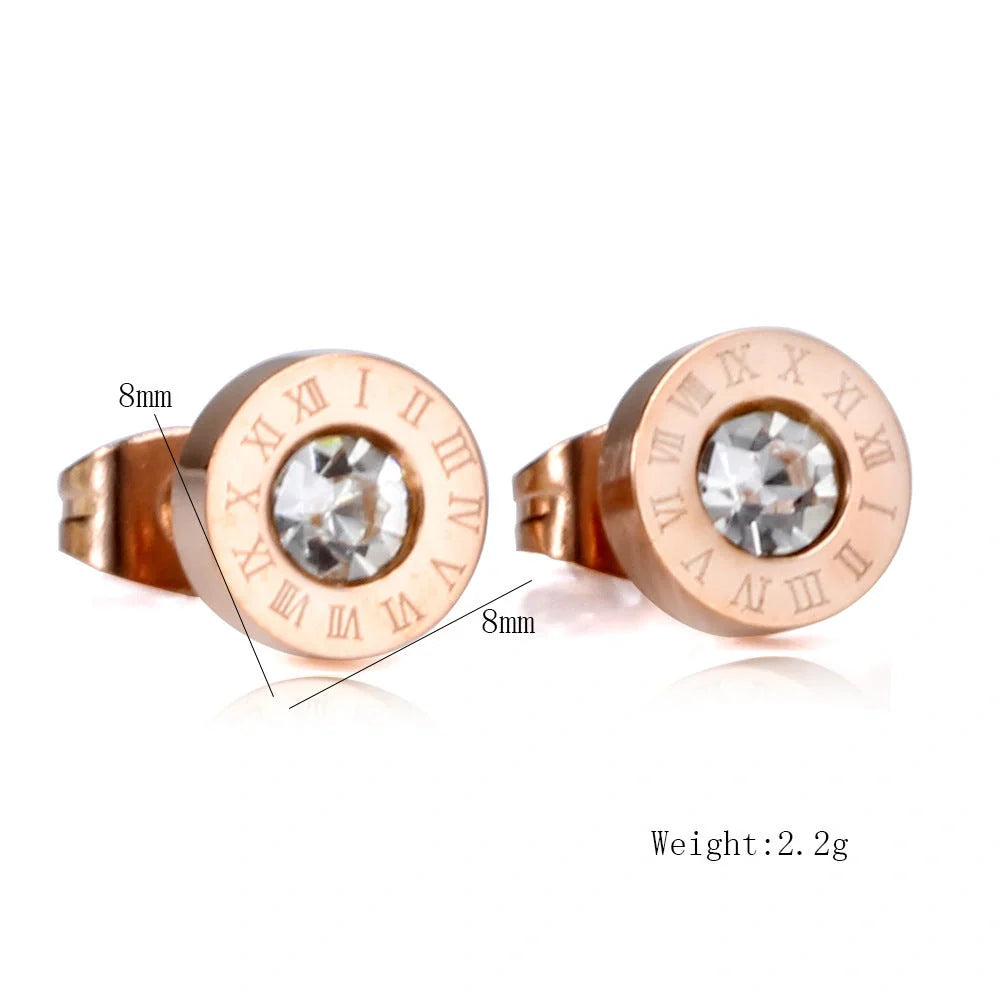 Elegant Roman numeral stud earrings crafted from premium titanium steel with sparkling zircon accents