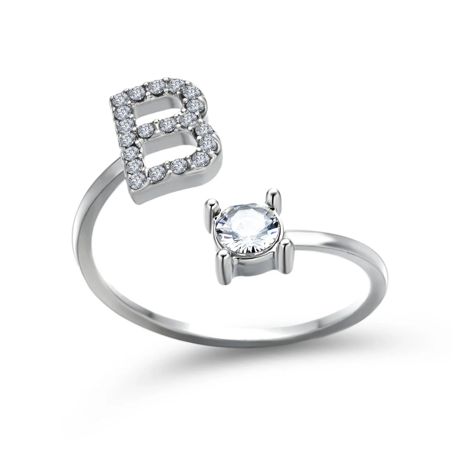 Personalized Initial Letter Crystal Ring with Adjustable Design in Gold, Silver, and Rose Gold Colors