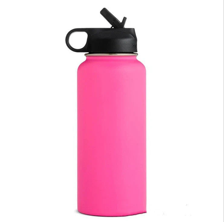 Stainless steel insulated water bottle with wide mouth and push-button lid for hot and cold beverages