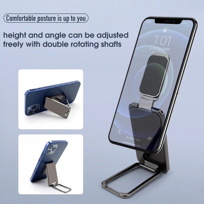 Adjustable magnetic phone stand for desk and car use, compatible with all smartphones and tablets
