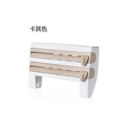 White wall-mounted kitchen roll holder dispenser for cling film, foil, and paper towels.