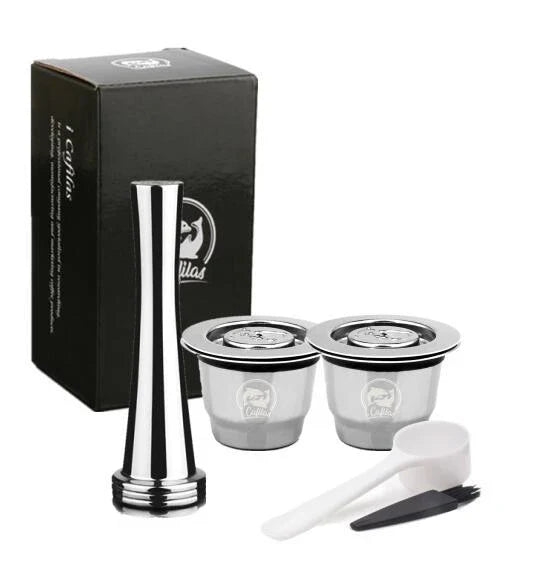 Premium stainless steel coffee capsule shells with a sleek square design, perfect for home, office, and cafe use.