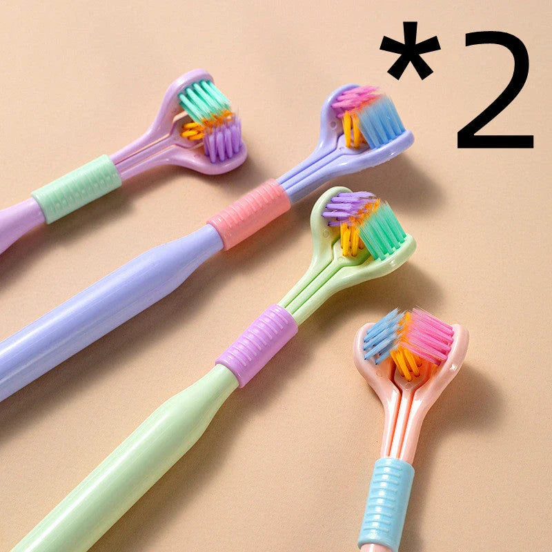 A soft bristle toothbrush with a unique triple-sided brush head for deep cleaning and customizable bristle firmness.