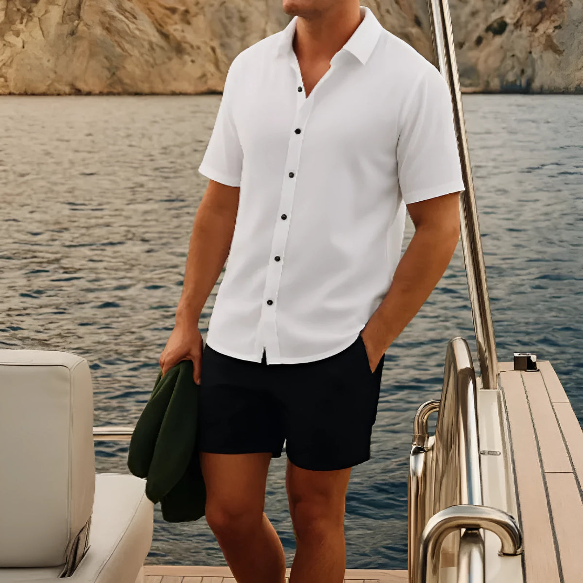 Men's waffle texture short sleeve shirt and matching shorts set in picture colour