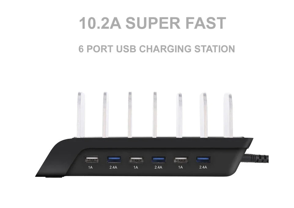 Premium 6-Port USB Charging Station for Mobile Devices - Sleek and Compact Charging Hub with Smart Charging Reminders
