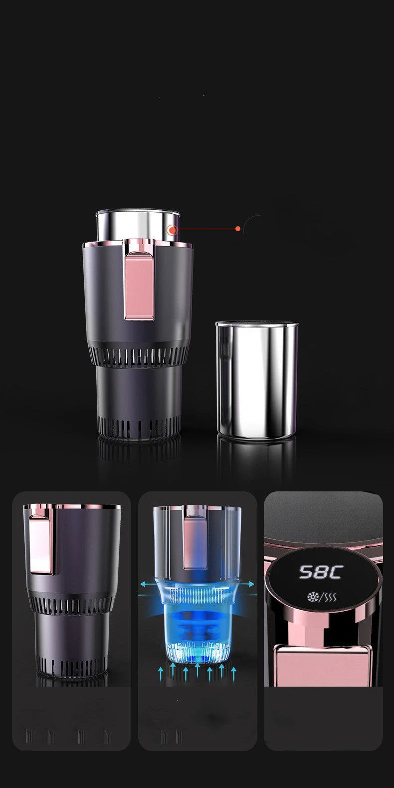 Versatile car cup holder with digital temperature control, non-slip design, and the ability to keep drinks hot or cold on the go