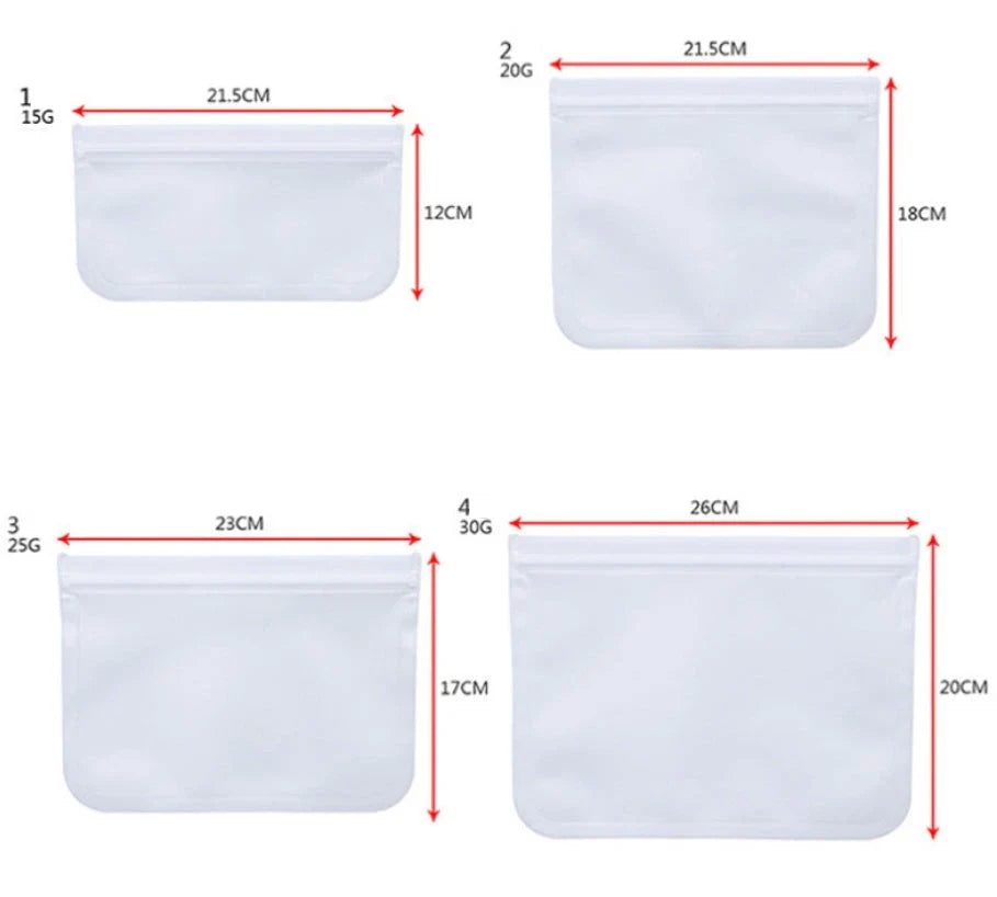 Premium PEVA fresh food storage bags in various sizes, designed with FDA-approved silica gel lining for optimal food freshness and safety.