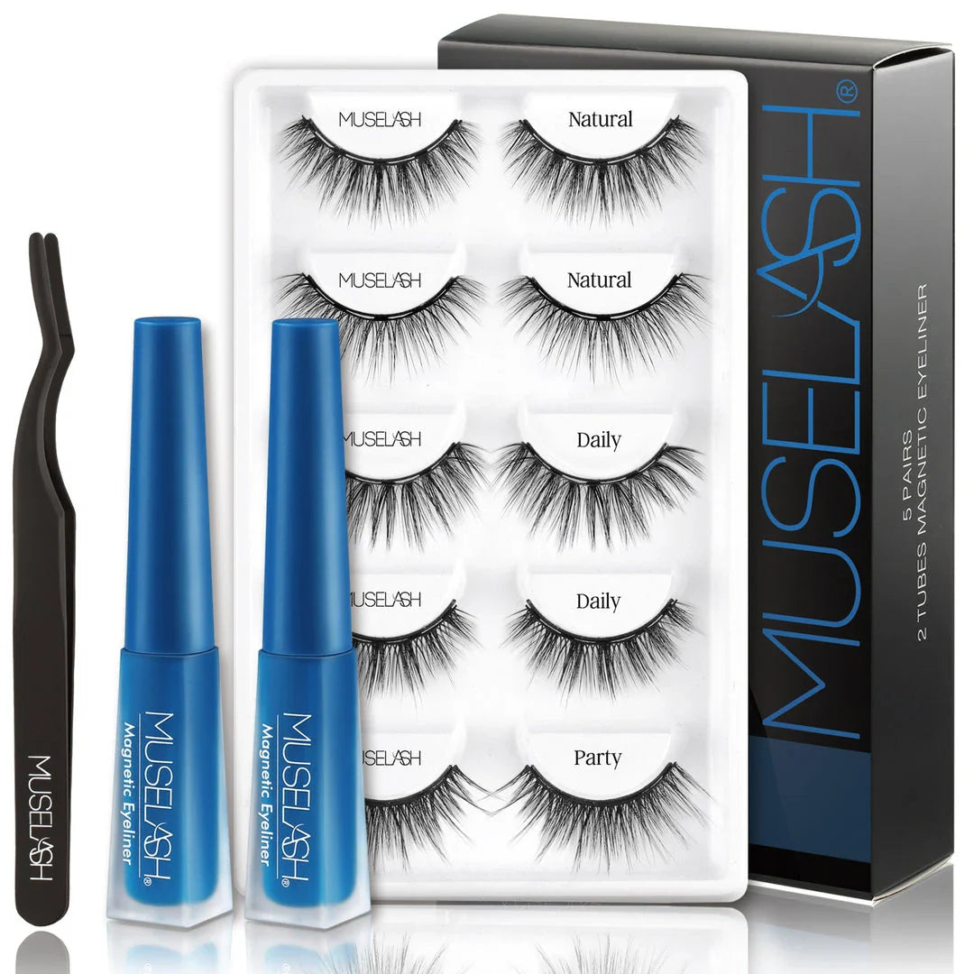 Magnetic false eyelashes in various styles, including cross, thick, feathery, natural slim, and elongated, with a liquid eyeliner pen