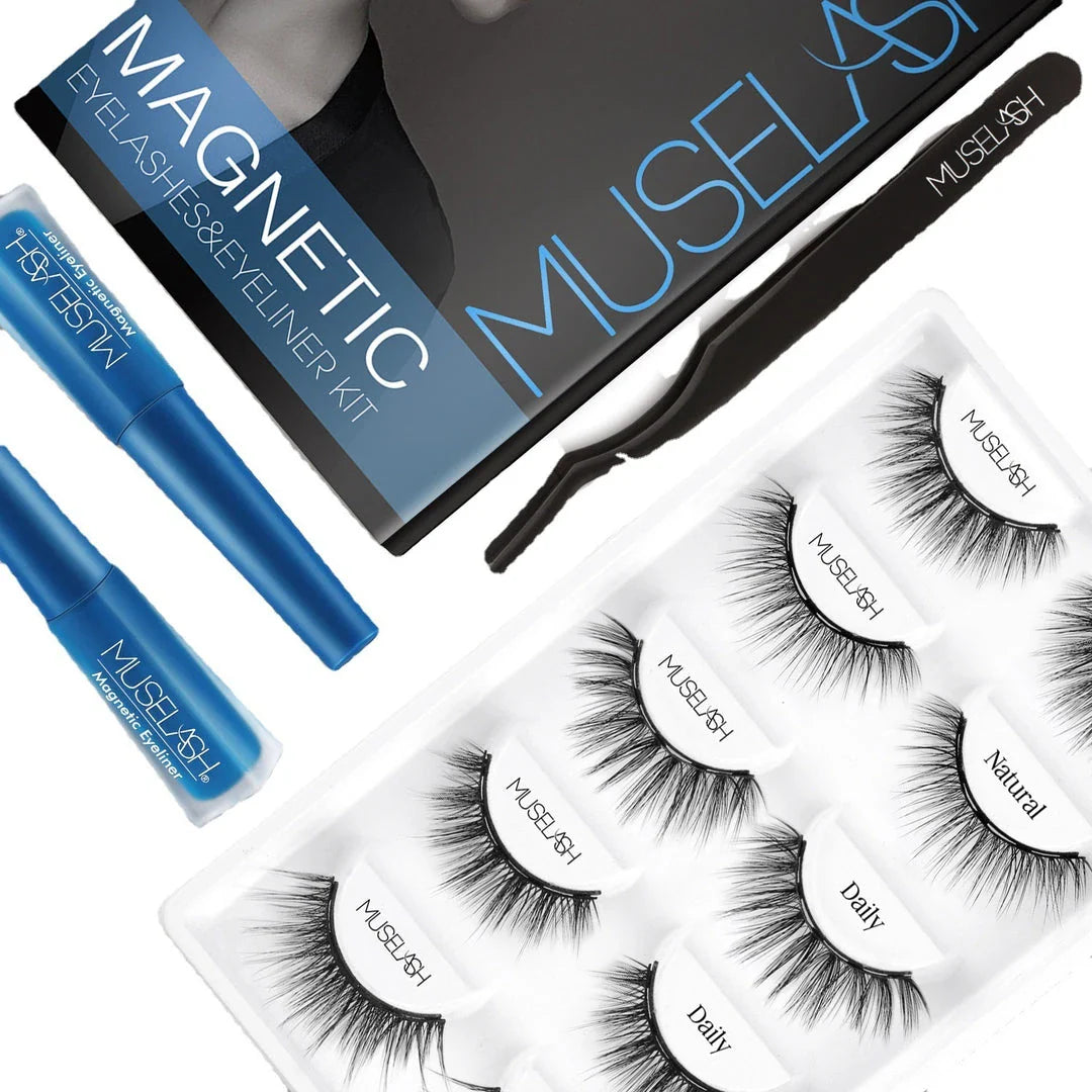 Magnetic false eyelashes in various styles, including cross, thick, feathery, natural slim, and elongated, with a liquid eyeliner pen