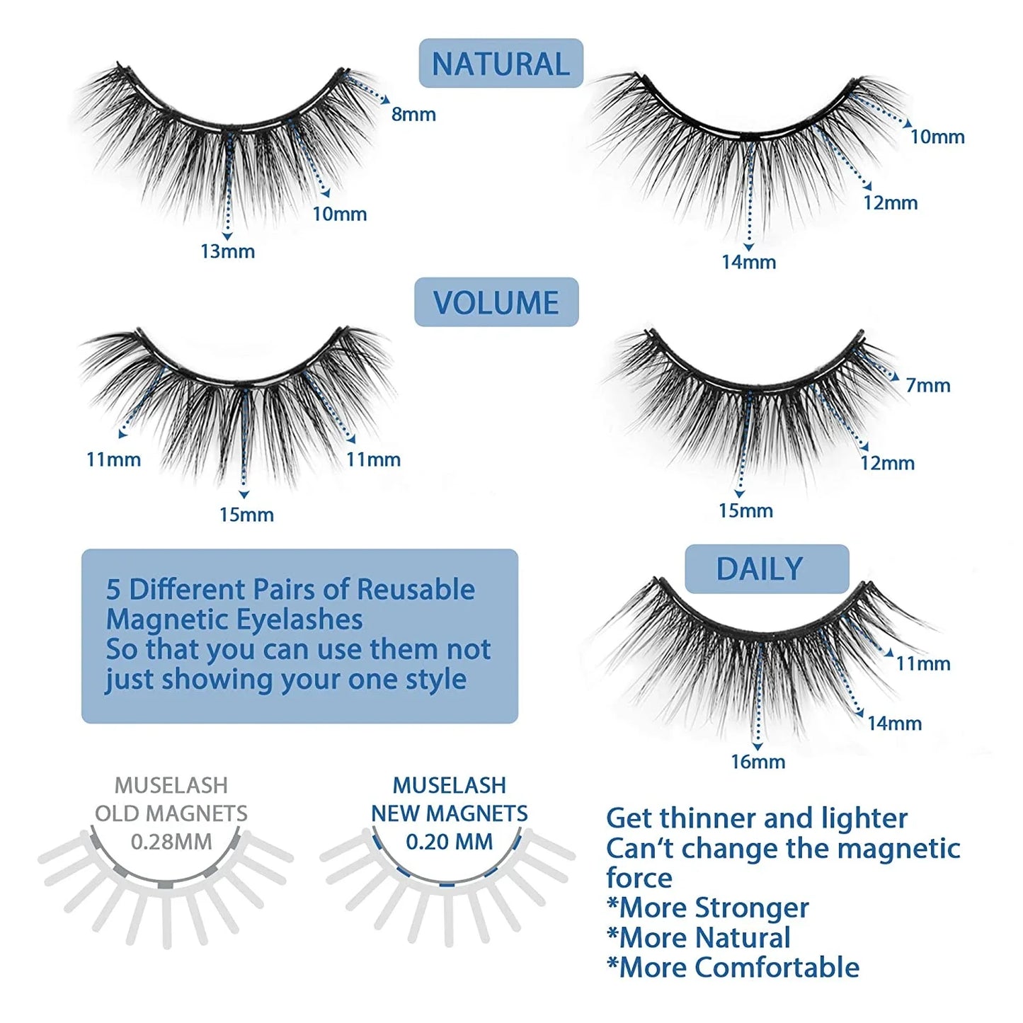 Magnetic false eyelashes in various styles, including cross, thick, feathery, natural slim, and elongated, with a liquid eyeliner pen