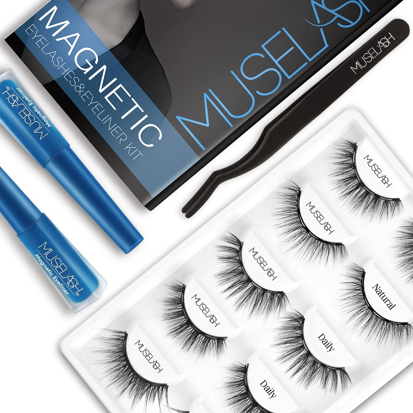 Magnetic false eyelashes in various styles, including cross, thick, feathery, natural slim, and elongated, with a liquid eyeliner pen