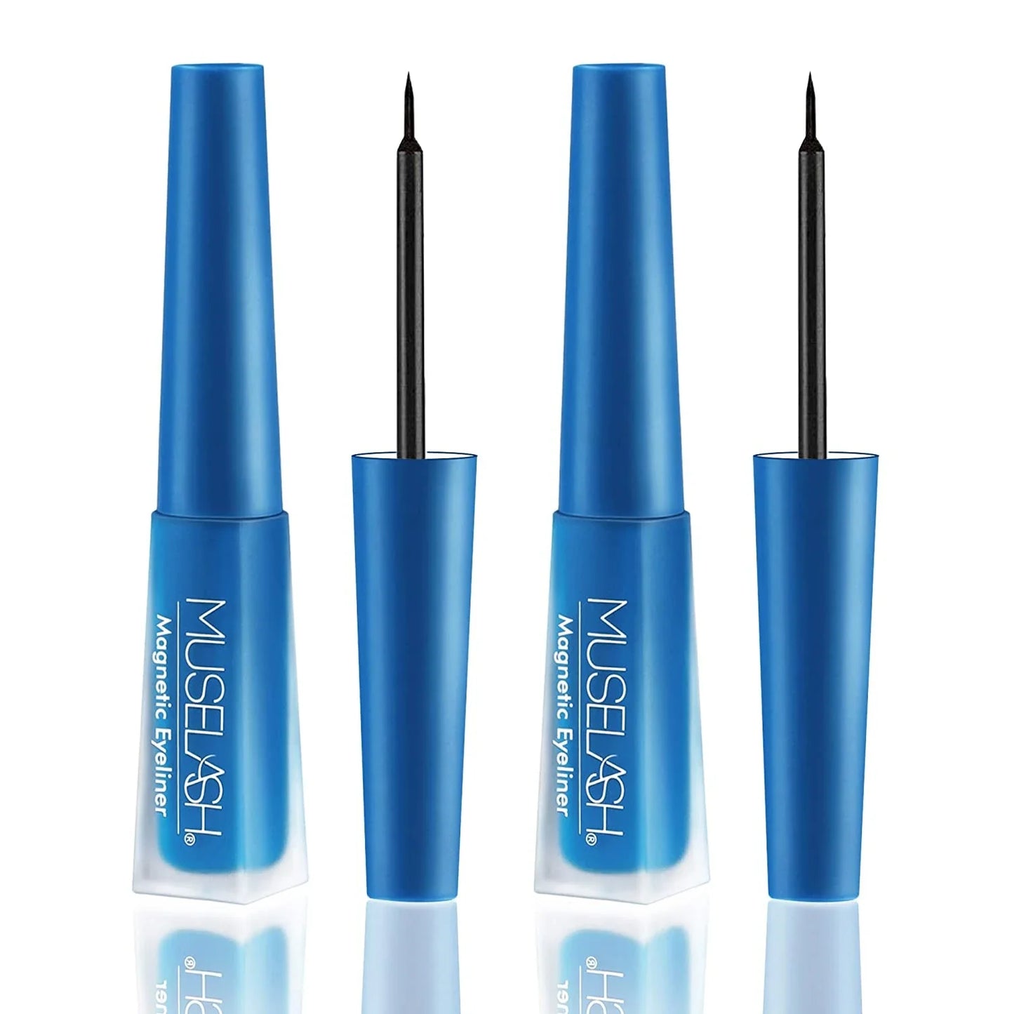 Magnetic false eyelashes in various styles, including cross, thick, feathery, natural slim, and elongated, with a liquid eyeliner pen