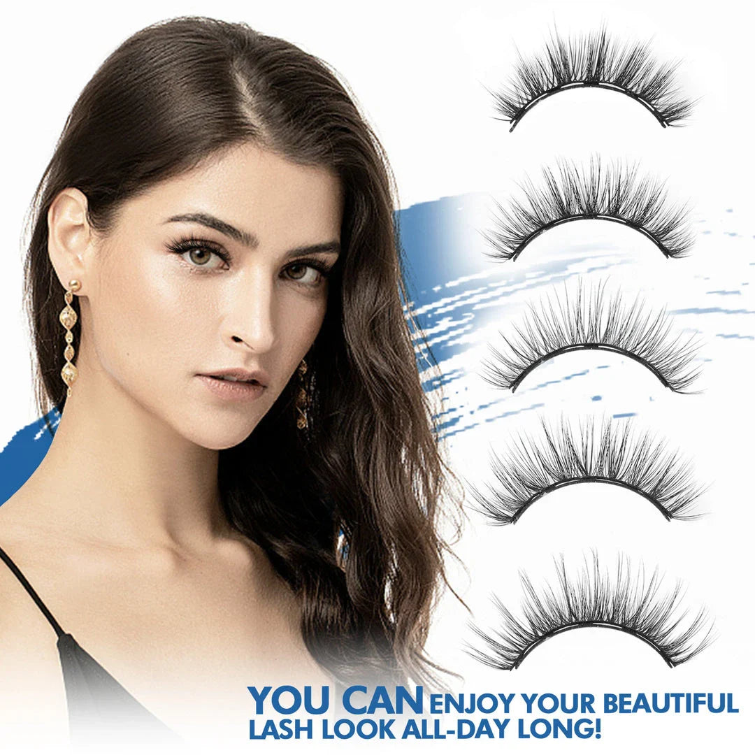 Magnetic false eyelashes in various styles, including cross, thick, feathery, natural slim, and elongated, with a liquid eyeliner pen