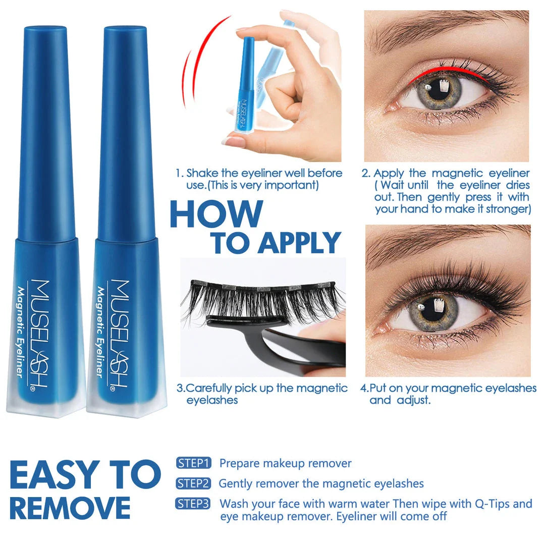 Magnetic false eyelashes in various styles, including cross, thick, feathery, natural slim, and elongated, with a liquid eyeliner pen