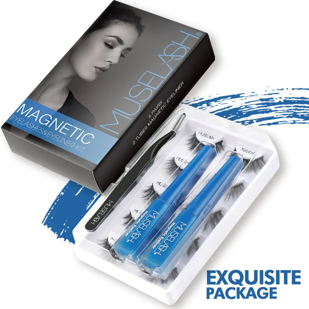 Magnetic false eyelashes in various styles, including cross, thick, feathery, natural slim, and elongated, with a liquid eyeliner pen