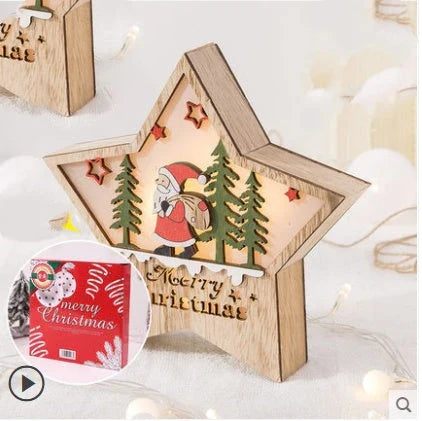 Wooden Christmas ornaments with luminous five-pointed star designs in various festive motifs, including snowmen and deer