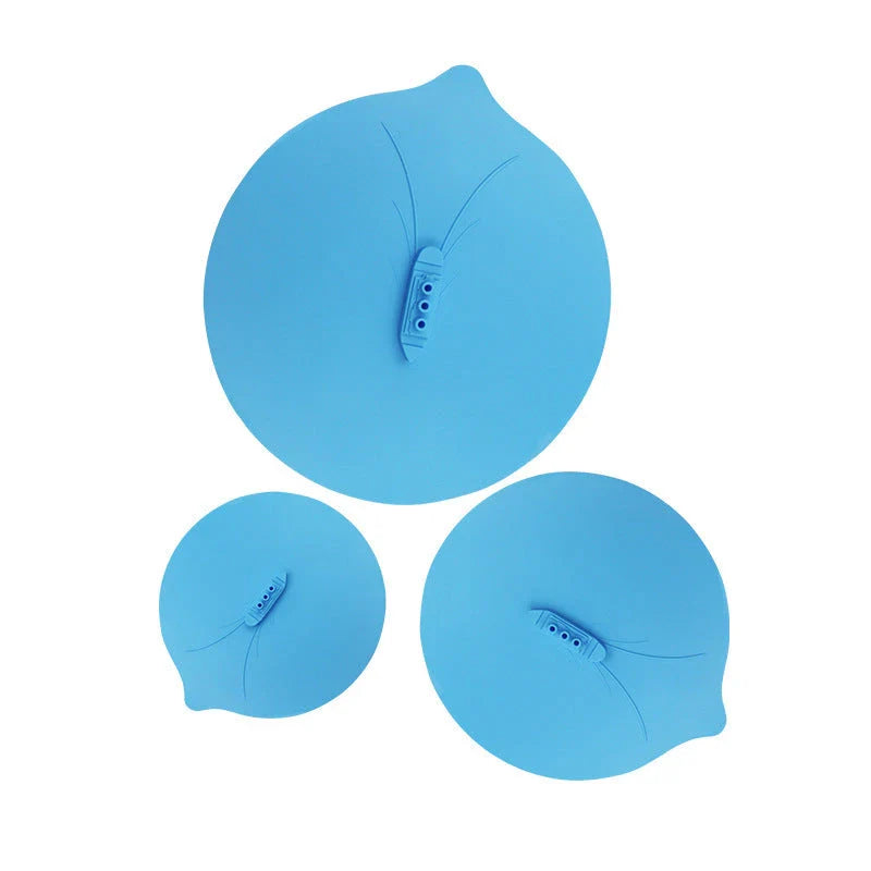Creative silicone pot lid in blue color, designed with a unique shape and hook for easy storage