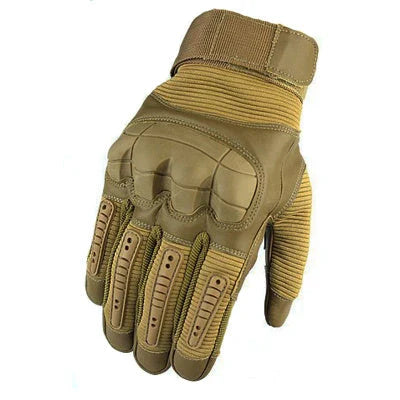 Rugged tactical gloves with reinforced knuckles, durable palm grip, and touchscreen-compatible fingers for outdoor adventures and tactical operations.