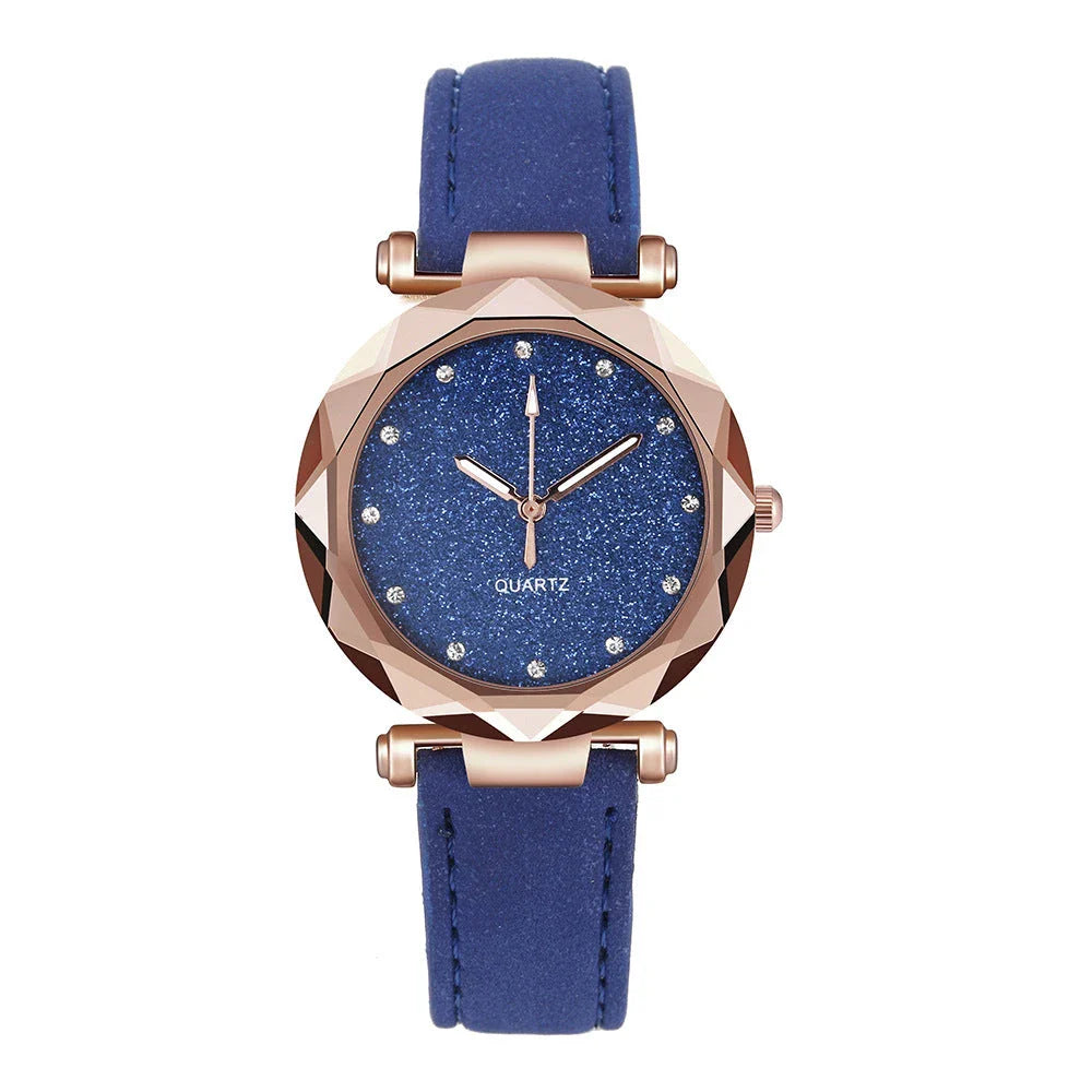 Elegant women's wrist watch with a captivating starry sky dial and leather strap, suitable for any occasion.
