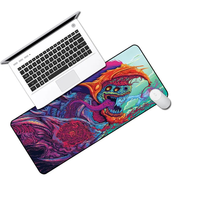Oversized mouse pad with non-slip rubber base and washable cloth surface, available in multiple sizes and 2mm or 3mm thickness.
