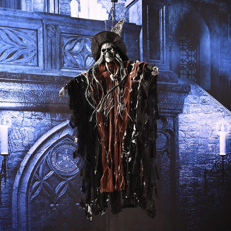 Spooktacular hanging ghost decoration with resin skeleton, shroud-like cloth, and terrifying sound and light effects