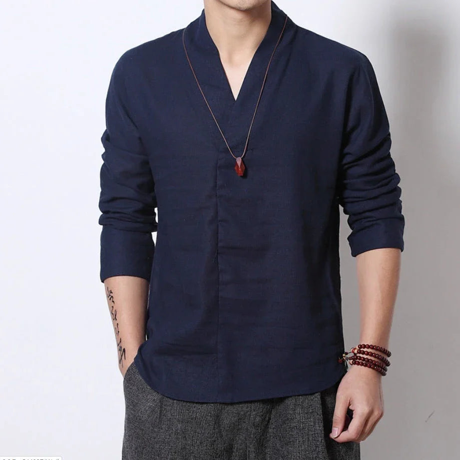 Classic men's long-sleeved linen shirt in a range of colours, featuring a relaxed, hedging style and Chinese-inspired stand collar