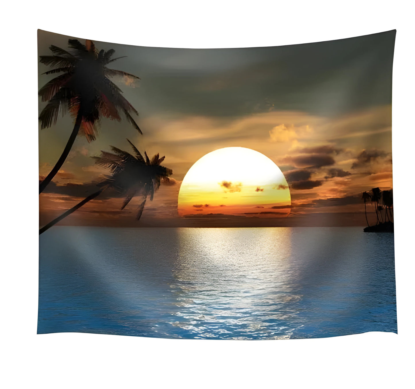 Large Sunset Beach scenery printed on a beige polyester tapestry wall hanging.