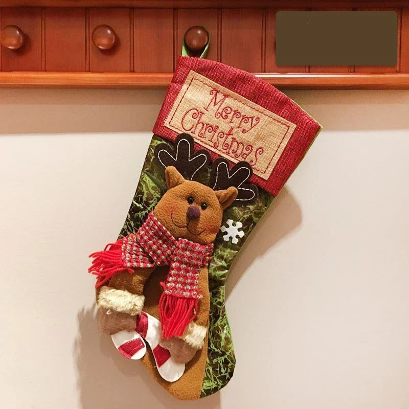 Premium Christmas stocking with 3D appliques of snowman, Santa, and reindeer for festive holiday decor