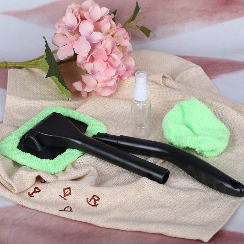 Extendable car window cleaning brush with microfiber head and long handle for reaching tough-to-clean areas