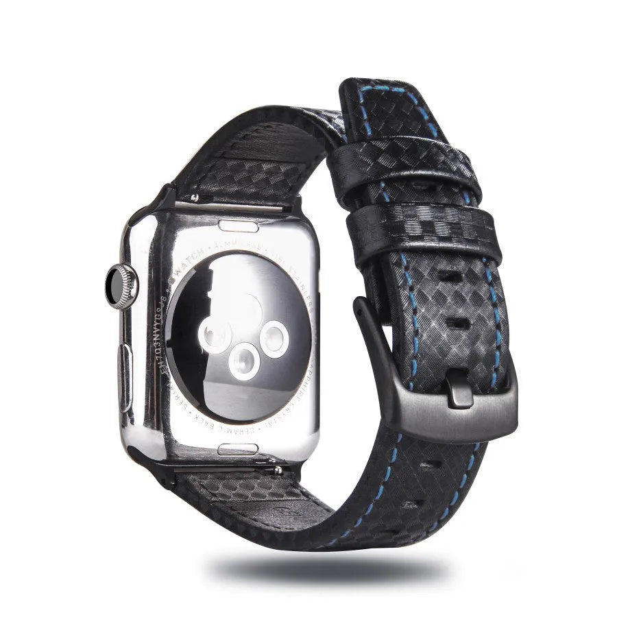 Leather Apple Watch strap with carbon fibre pattern case in red, black, orange, and blue colour options.