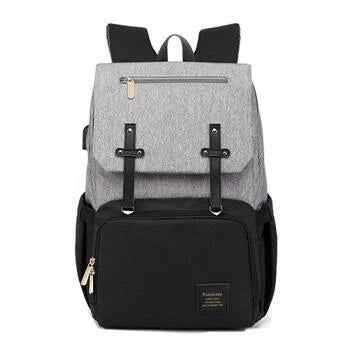 Stylish and functional diaper backpack with large capacity, stroller hooks, and USB charging port for modern parents