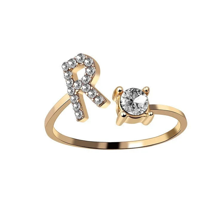 Personalized Initial Letter Crystal Ring with Adjustable Design in Gold, Silver, and Rose Gold Colors