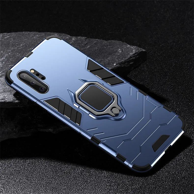 Iron Man magnetic phone case for Samsung Galaxy phones in black, blue, and red colours on a plain background.