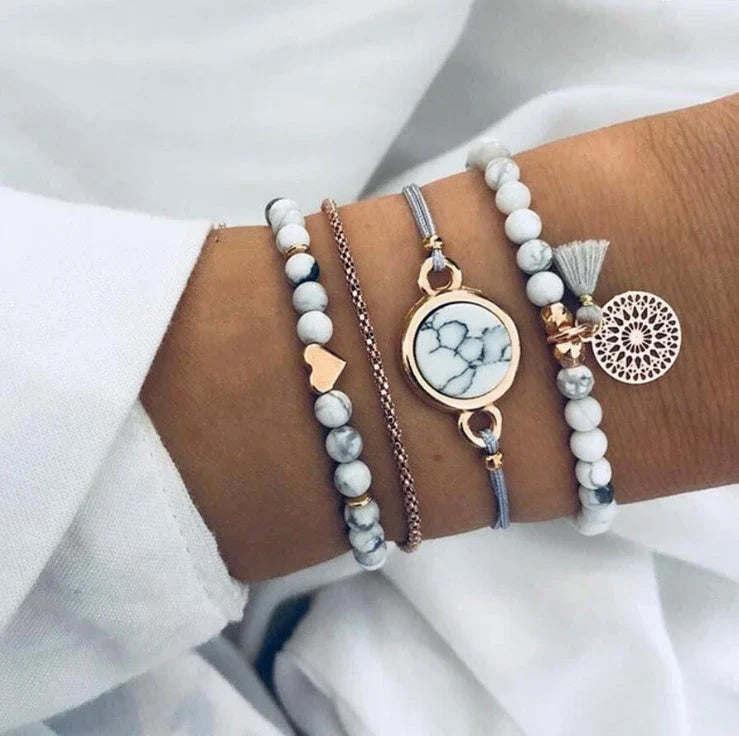 Elegant geometric stone bracelet set with fringed design, perfect fashion accessory for women