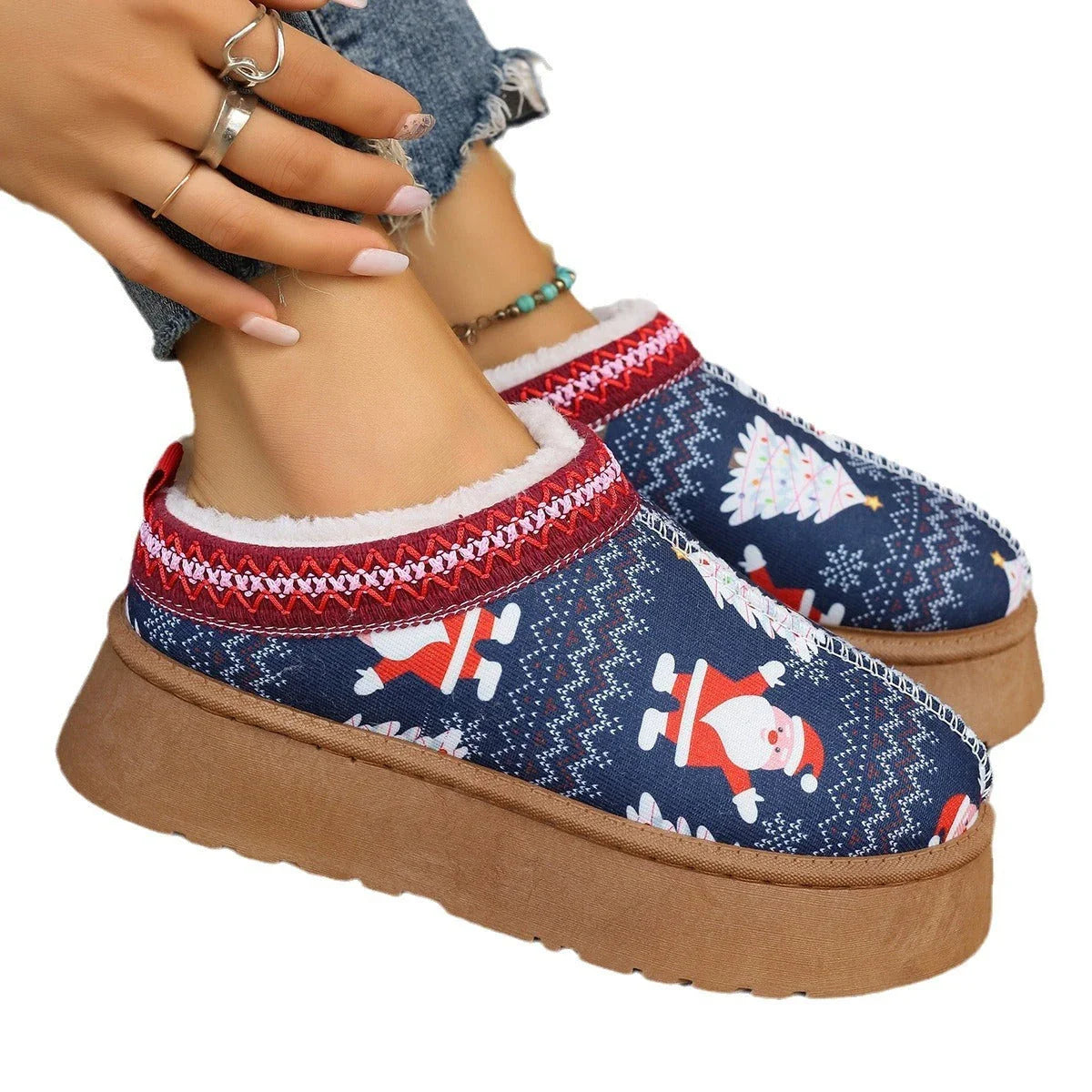 Cozy winter ankle boots featuring festive Christmas prints and plush lining for women