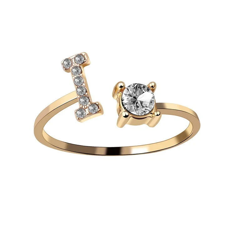 Personalized Initial Letter Crystal Ring with Adjustable Design in Gold, Silver, and Rose Gold Colors