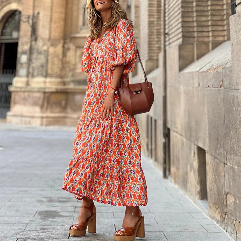 Boho Chic Midi Dress with Floral Print, V-Neck, and Short Sleeves