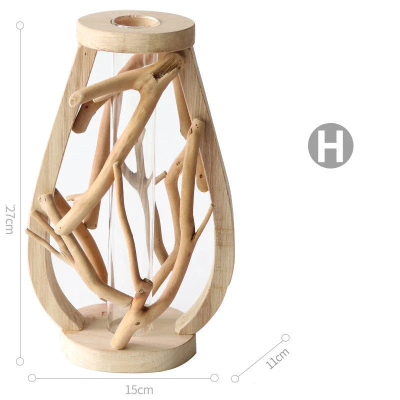 Handcrafted wooden vase with glass container for hydroponic floral displays and home decor