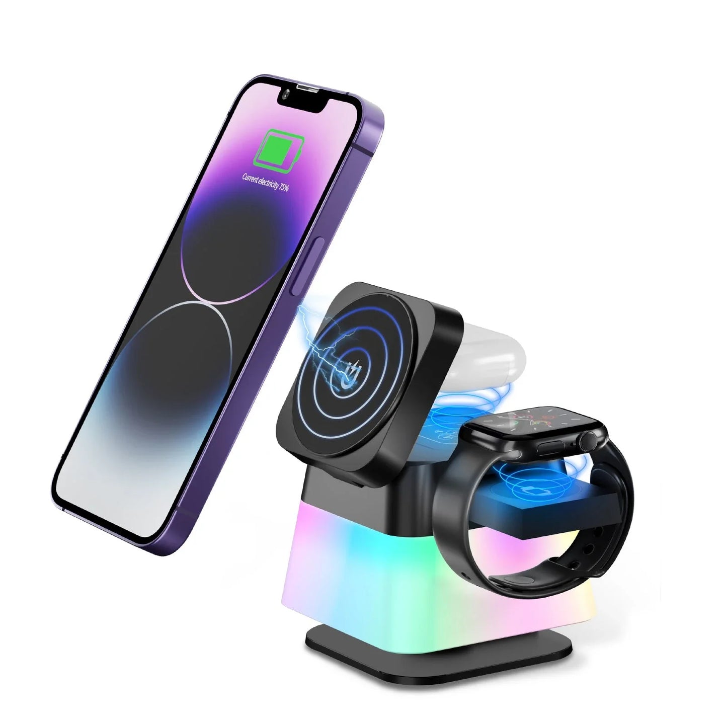 Versatile 4-in-1 wireless charging station with adjustable mood lighting for iPhone, Apple Watch, and AirPods