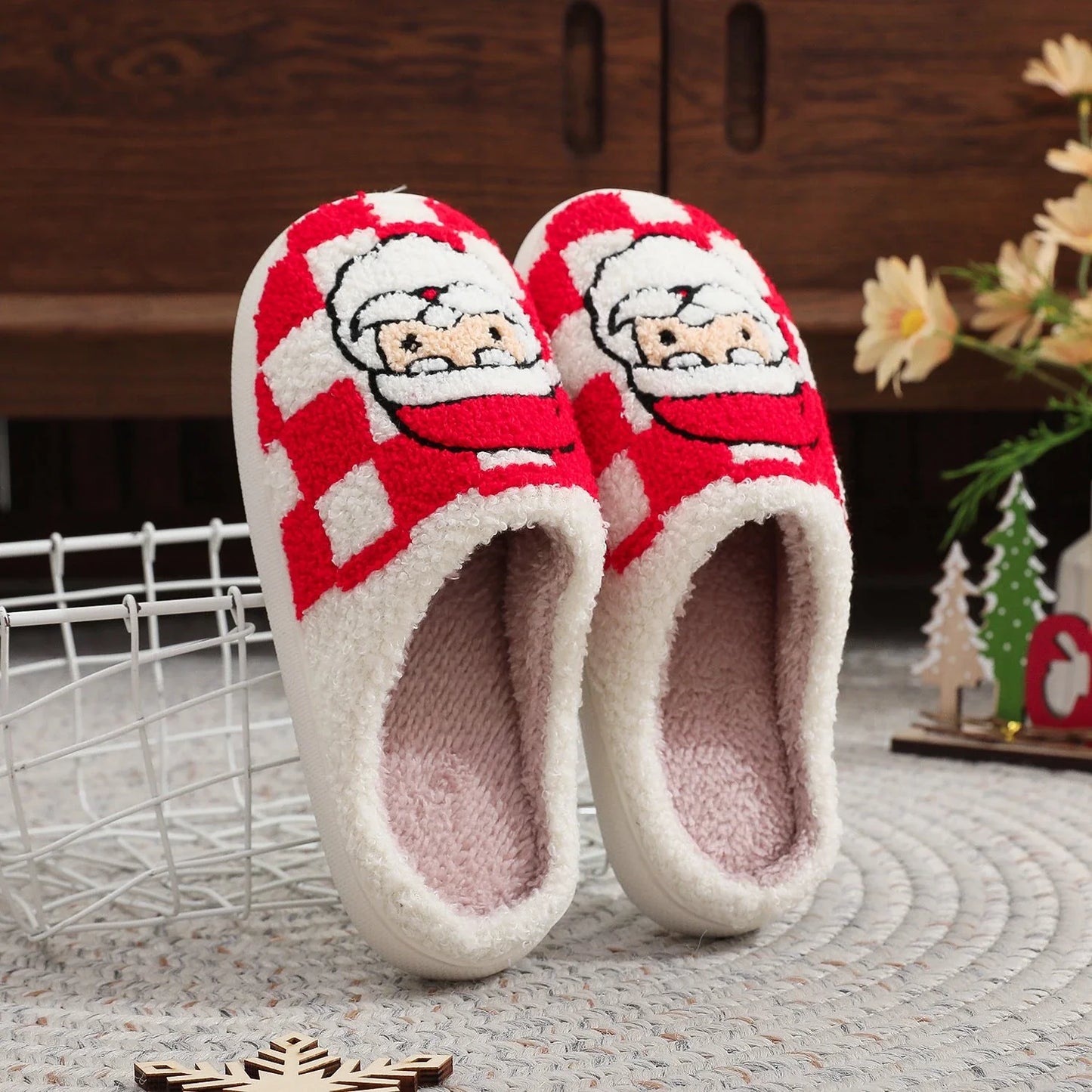 Soft, plush Santa Claus plaid slippers with non-slip soles for cozy indoor wear