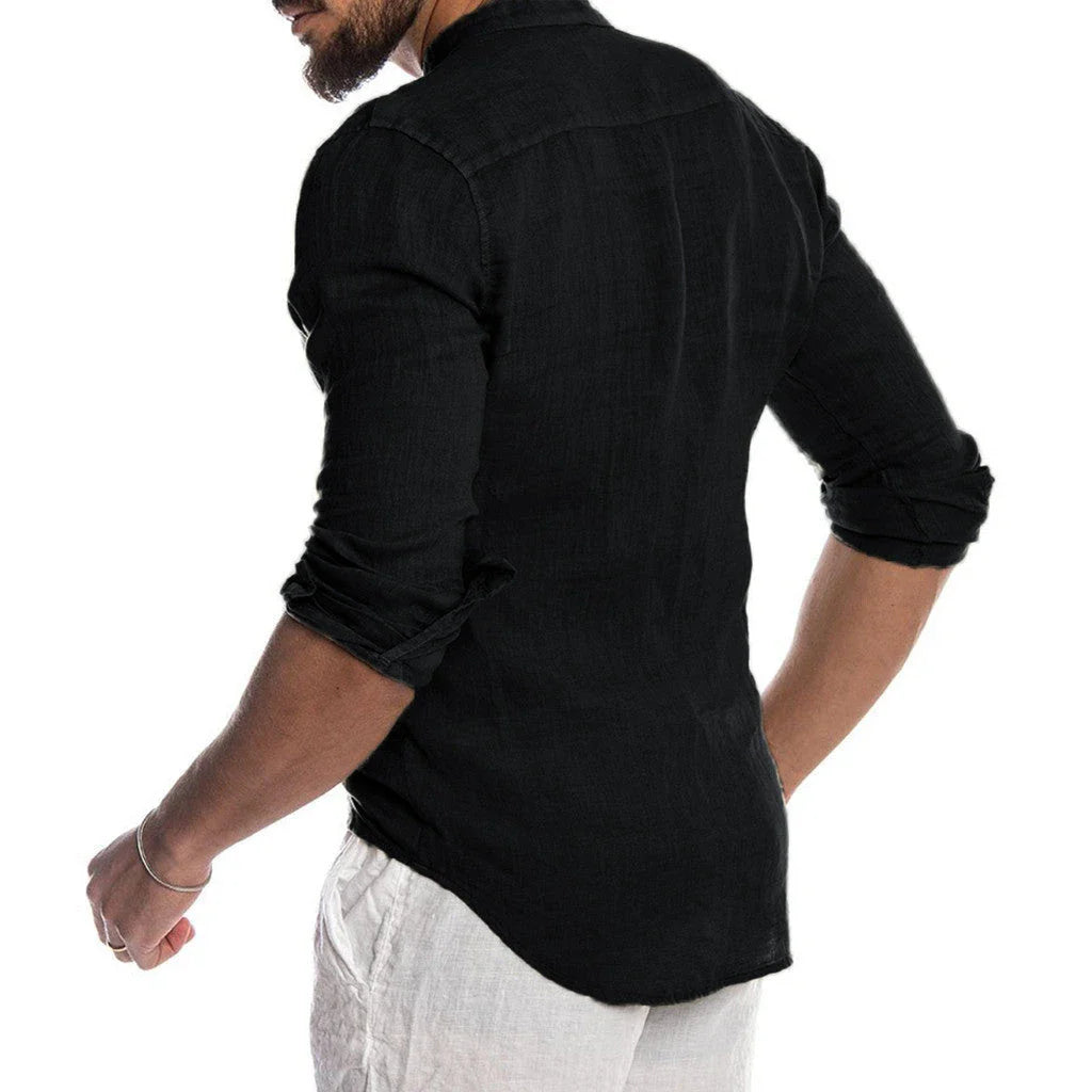 Stylish men's linen button-down shirt in a variety of classic colors