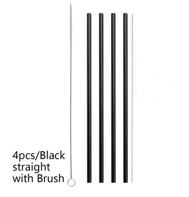Colourful reusable stainless steel drinking straws with cleaning brush, perfect for eco-friendly sipping.