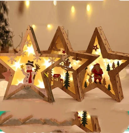 Wooden Christmas ornaments with luminous five-pointed star designs in various festive motifs, including snowmen and deer