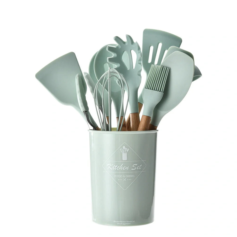 Premium silicone kitchenware set with wooden handle, ideal for cooking and baking